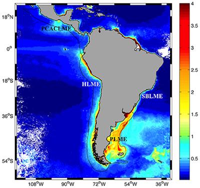 Variability and 20-Year Trends in Satellite-Derived Surface Chlorophyll Concentrations in Large Marine Ecosystems around South and Western Central America